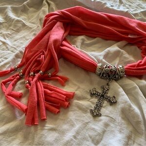 Elegant Coral Scarf with Cross Pendant and Beads